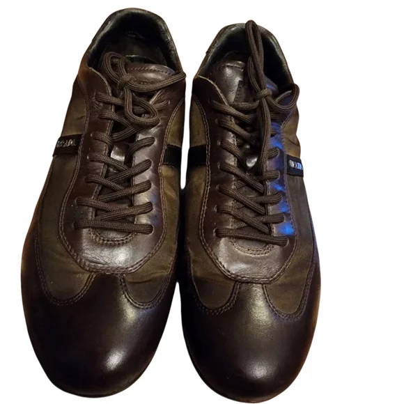 Prada Men's Dark Brown Leather & Nylon Low Top Sneakers Sz 11